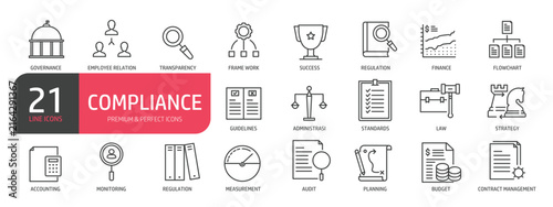 Set of line icons related to compliance. Outline icons collection. Editable stroke. Vector illustration