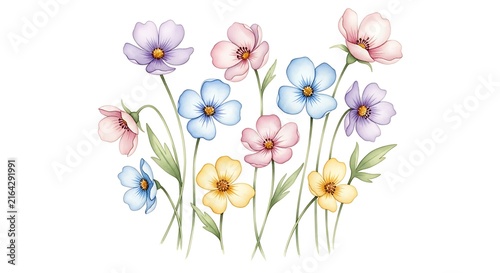 A Delicate Watercolor Painting of a Variety of Colorful Spring Flowers