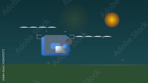Whimsical Pixel-Art Spacecraft Flying Near Clouds with Sunset Glow