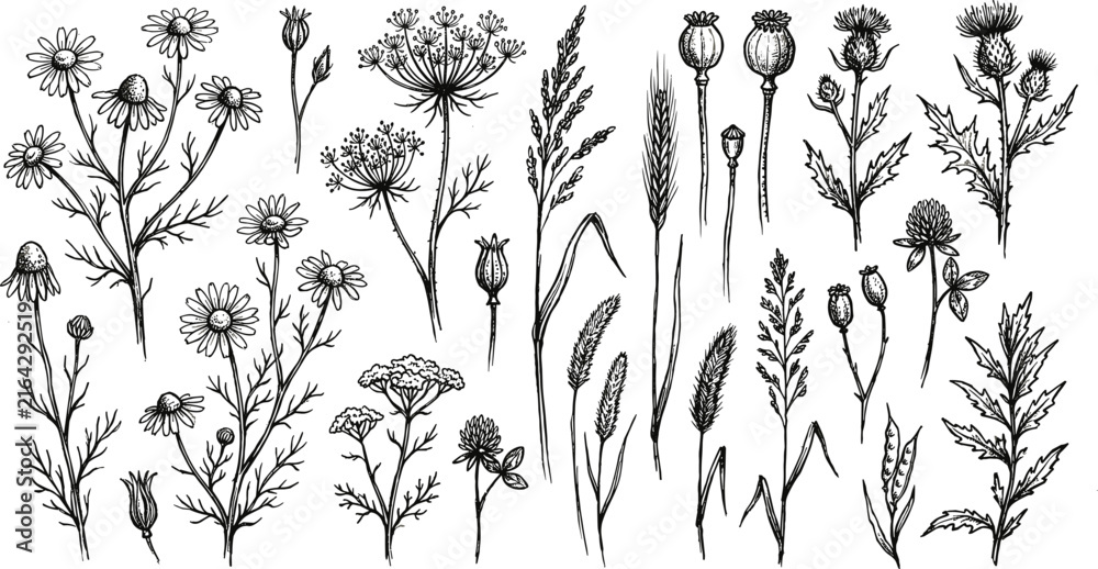 Fototapeta premium Vintage Botanical Wildflowers and Wheat Engraving Illustration Set
