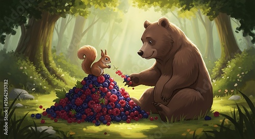 A Friendly Bear and Squirrel Share a Berry Feast in a Sun-Dappled Forest