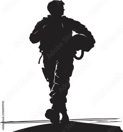 Military soldier walking with backpack silhouette vector illustration