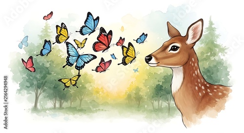 A Gentle Fawn Gazes in Wonder at a Swarm of Colorful Butterflies in a Forest