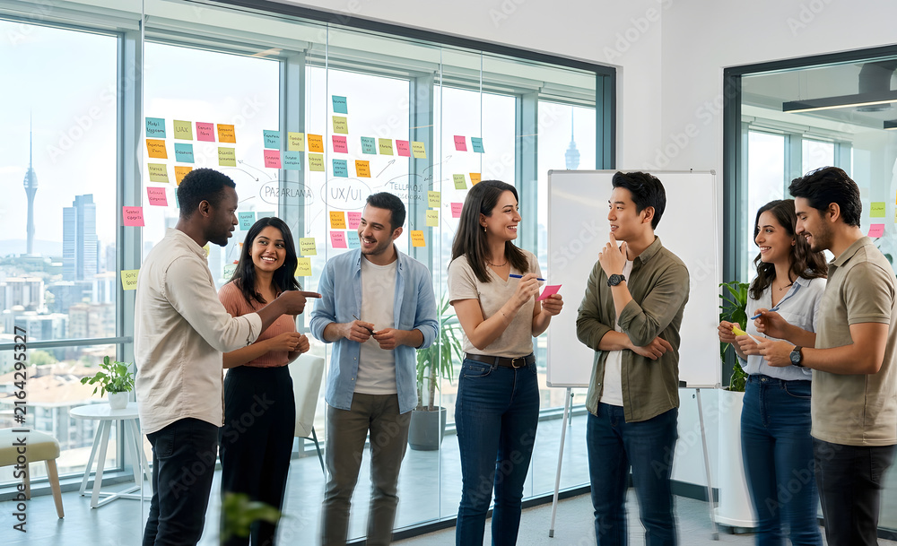Obraz premium Startup Team Brainstorming with Sticky Notes on Glass Wall 