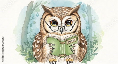 Wise Owl Wearing Glasses Reading a Book Titled 'BANNEDS' in a Forest Setting