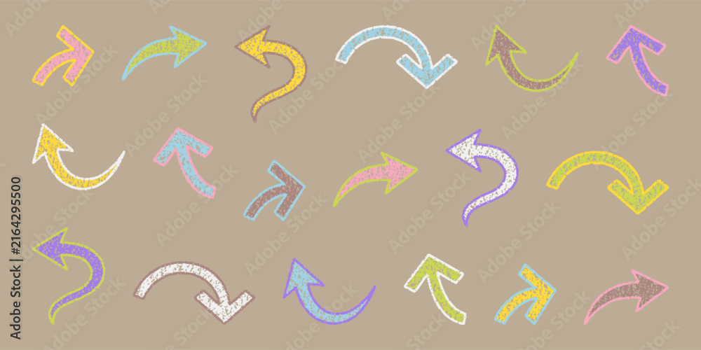 Fototapeta premium Curved arch arrows in childish style, pastel drawing for web design.