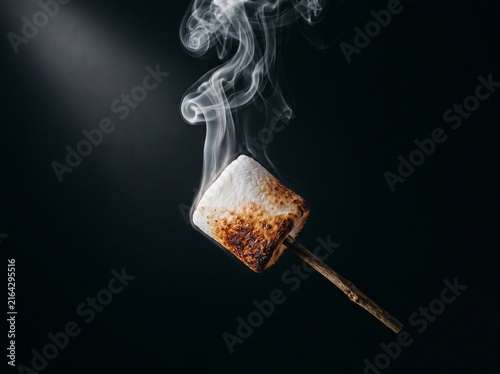 Toasted Marshmallow on a Stick with Rising Smoke Isolated on a Solid