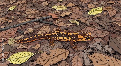 A Striking Fire Salamander Navigates a Forest Floor Covered in Autumn Leaves