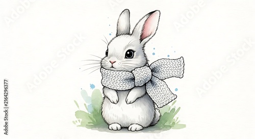 Adorable white bunny wearing a cozy knitted scarf in a winter scene