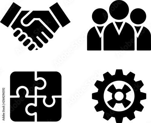 Business cooperation and partnership icon set with flat glyph symbols of handshake, puzzle pieces, mechanical gear, and corporate team members
