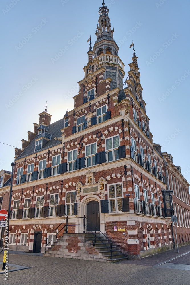 Obraz premium Historical renaissance architecture of Stadshuis Franeker a landmark building in Franeker Friesland Nederland for tourism and travel The ornate facade features intricate