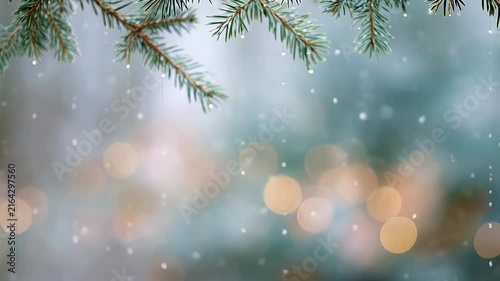 Sparkling snowflakes falling among glittering baubles on pine branches