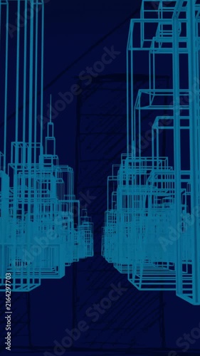 Animation of 3d architectural line drawings of buildings in city street