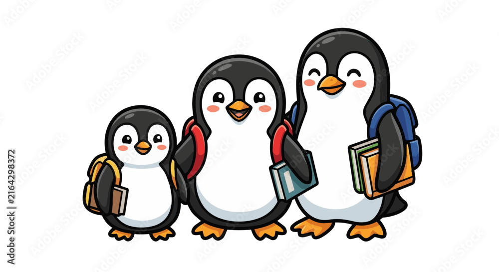 Obraz premium Three Cute Penguins Carrying Books and Backpacks