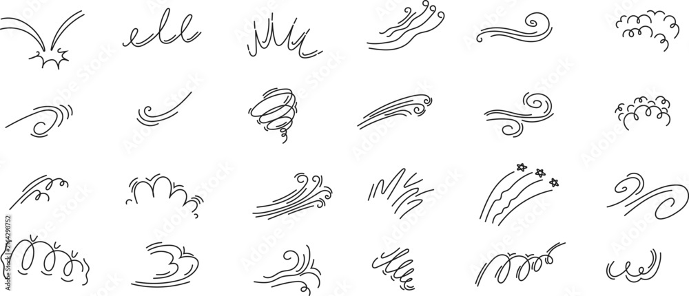 Obraz premium Hand drawn wind blowing and steam lines doodle set. Air flows, tornado, smoke clouds and movement swirls vector illustration isolated on white background.