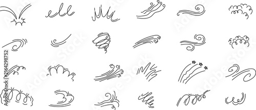Hand drawn wind blowing and steam lines doodle set. Air flows, tornado, smoke clouds and movement swirls vector illustration isolated on white background.