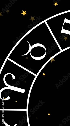 Animation of circle with zodiac signs over stars on black background