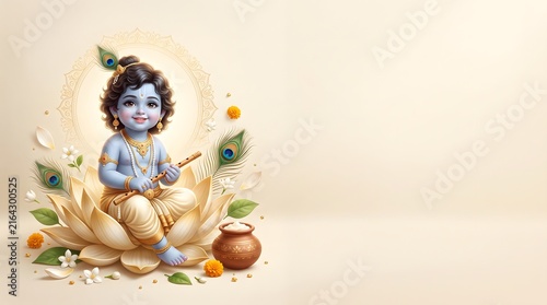 Little krishna sitting on lotus flower for krishna janmashtami festival greeting