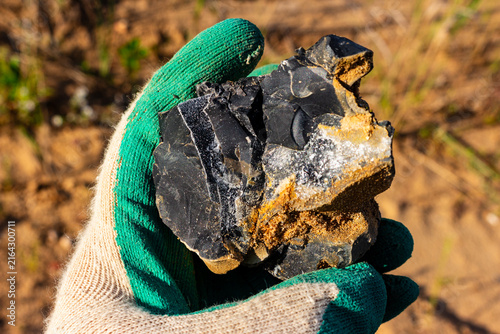 Bild auf Leinwand Hand holding a raw piece of black flint stone with sparkling quartz veins and ea