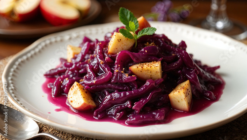 Braised Red Cabbage with Apple Chunks and Fresh Mint Served on White Plate