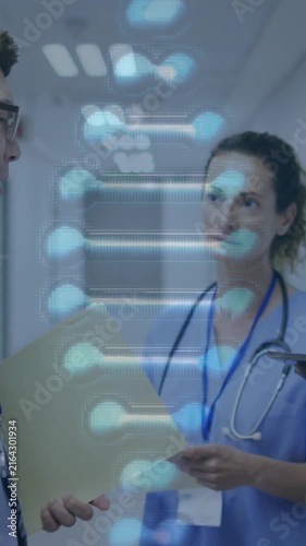 Animation of dna strand over diverse doctors working in hospital