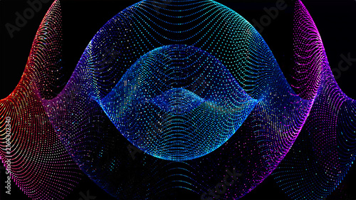 Vibrant decorative abstract composition made of thousands of tiny glowing particles in blue, red, pink, and purple hues, forming flowing wave-like geometric shapes on a black background. 