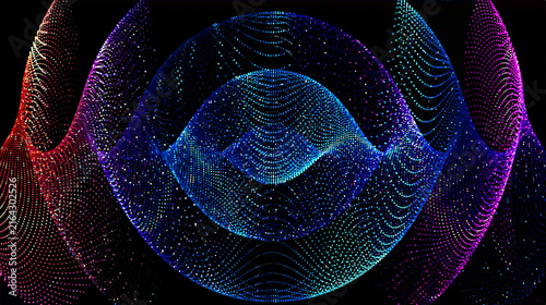 Vibrant decorative abstract composition made of thousands of tiny glowing particles in blue, red, pink, and purple hues, forming flowing wave-like geometric shapes on a black background. 