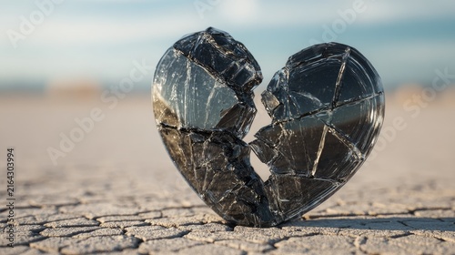 shattered glass heart on cracked ground symbolizing heartbreak and loss
