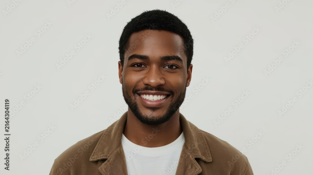 Obraz premium Smiling Black man portrait with direct gaze and warm expression
