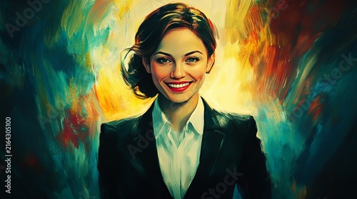 Professional woman wearing sharp black blazer smiling warmly with vibrant artistic painterly strokes captured in a bright detailed digital illustration