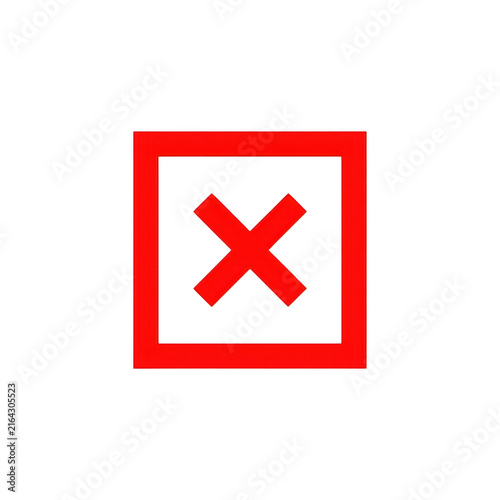 Red square frame icon with white cross mark symbol representing rejection or error isolated on neutral transparent background.