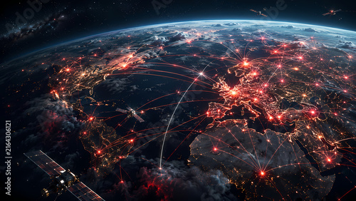 Glowing Earth floating in dark outer space with illuminated red network lines and connection points spreading across the planet beneath a blue atmospheric glow