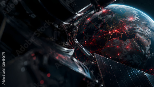 Glowing Earth floating in dark outer space with illuminated red network lines and connection points spreading across the planet beneath a blue atmospheric glow