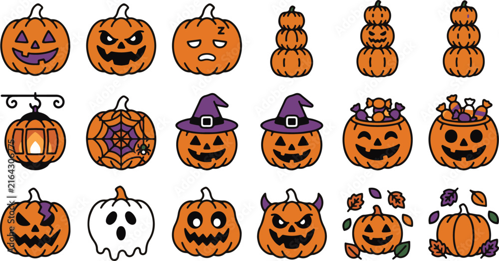 Fototapeta premium Halloween Jack o Lantern and Pumpkins Vector Icon Set - Spooky Fall Line Icons.