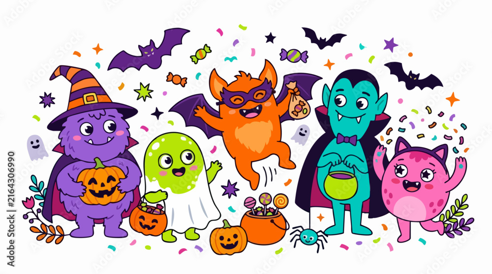 Obraz premium Cute Halloween monsters vector illustration, friendly cartoon creatures with pumpkins and candy, spooky party characters