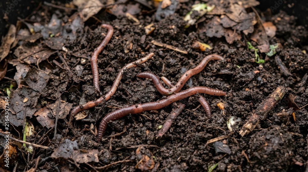 Fototapeta premium Close up of red wiggler earthworms in dark compost soil. Vermicomposting process with decaying leaves and organic matter