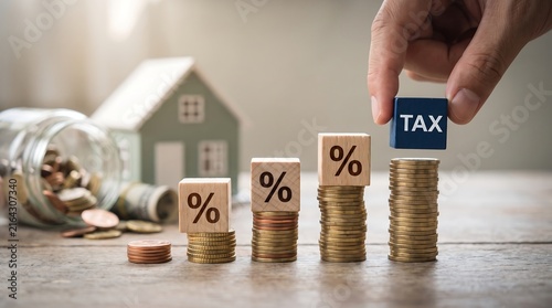 Hand placing blue block with word tax on stack of coins topped with percentage blocks symbolizing rising interest rates and financial growth for property investment.