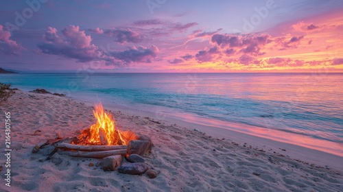 camp fire by peaceful sea at sunset in summer