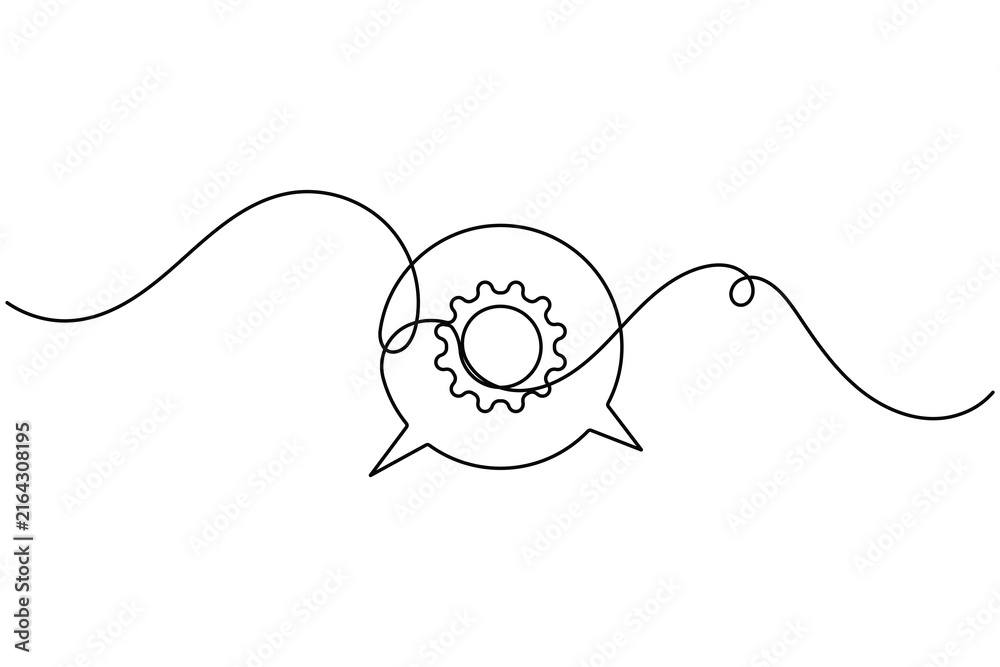Obraz premium Communication gear in speech bubble sign continuous one line drawing on white background minimalist single art technology feedback for message and comment symbol editable outline vector illustration