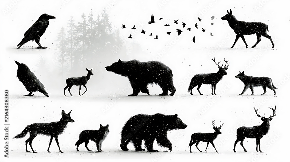 Naklejka premium Animal silhouettes against a blurred forest background hand drawn style