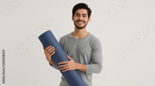 Smiling Asian man holding blue yoga mat in studio setting