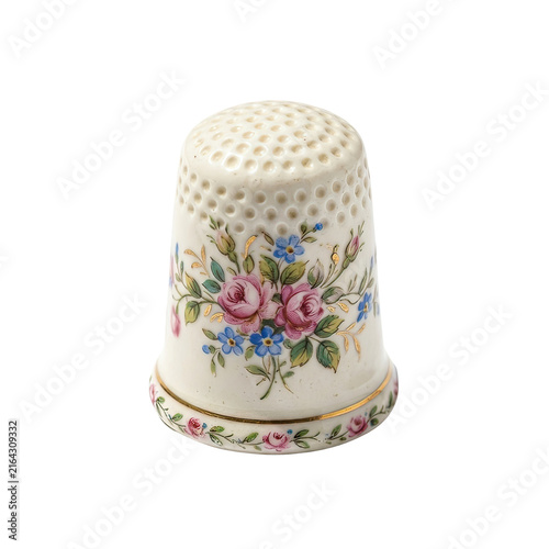 Delicate Floral Ceramic Thimble with Painted Roses and Blue Flowers