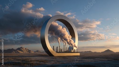 giant clock in flooded landscape with smoke and climate crisis symbolic illustration