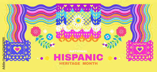 National Hispanic heritage month banner with papel picado, guitar Hispanic and Latino Americans culture, event Celebrate annual october in United States Vector illustration template background