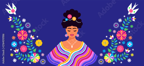 National Hispanic heritage month greeting card with girl, women, papel picado, guitar Hispanic and Latino Americans culture, event Celebrate in United States Vector illustration template background