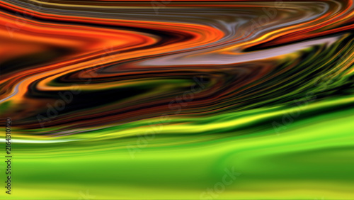 Abstract liquid swirl background featuring vibrant green orange and black waves suitable for modern digital art projects.