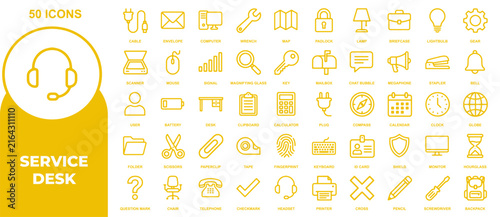Professional service desk and business support outline icons for office communication and customer assistance workflow management