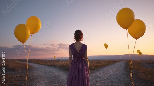 woman in purple dress standing at a foggy crossroads with yellow balloons