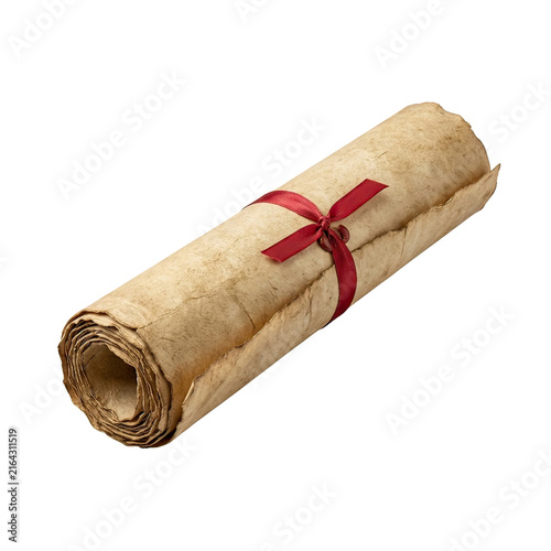 Rolled parchment scroll with red ribbon