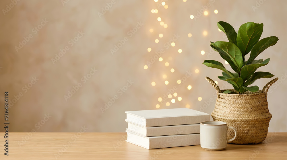 Fototapeta premium Minimalist cozy home workspace mockup: stacked white books and a potted Ficus lyrata in a woven basket with warm bokeh lights